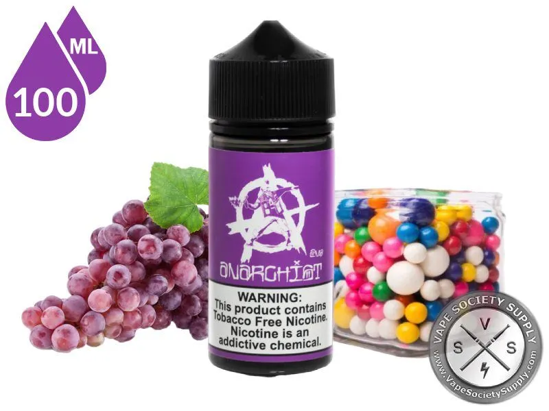 Purple by Anarchist 100ml bottle with purple grapes and a jar of gumballs