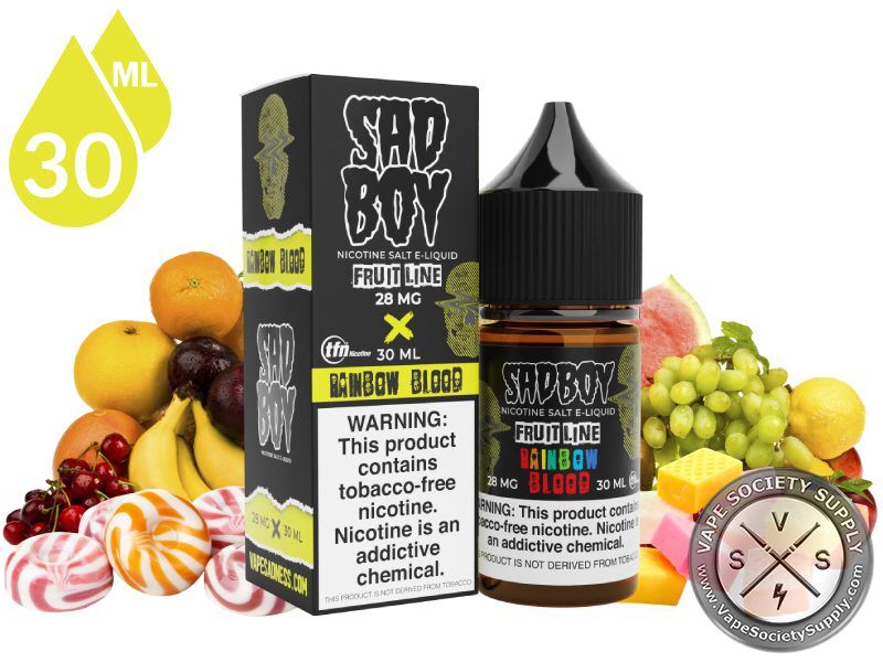 Rainbow Blood by SadBoy Salts 30ml bottle and box with mixed fruits and swirl candies