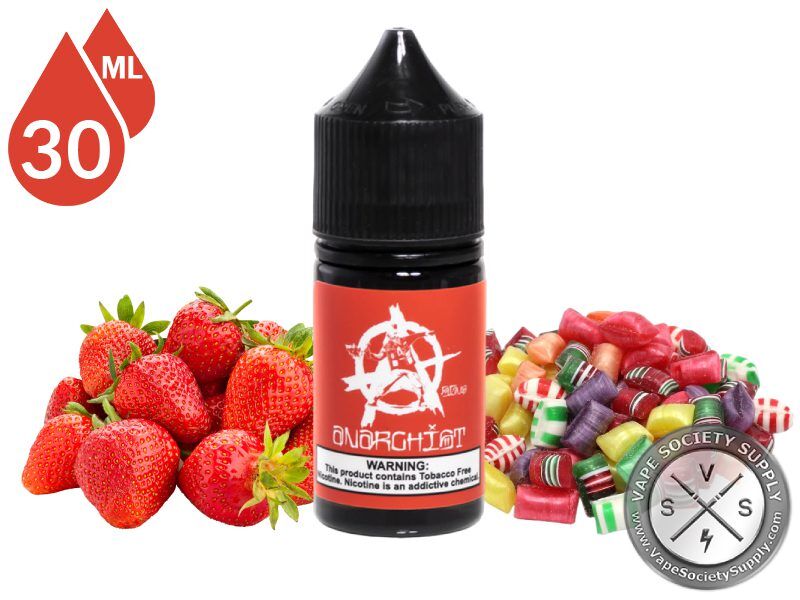 Red by Anarchist Salt 30ml bottle with strawberries and wrapped hard candies