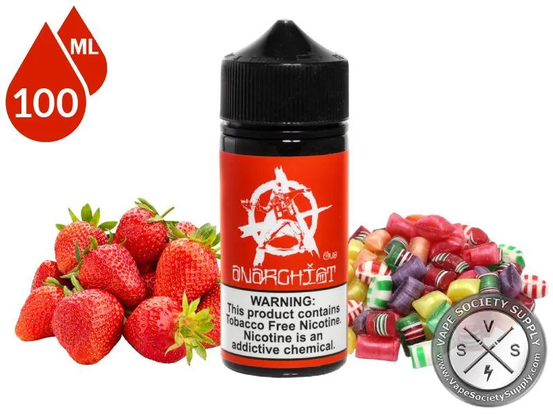 Red by Anarchist 100ml bottle with strawberries and wrapped hard candies