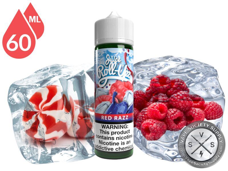 Red Razz Ice by Juice Roll Upz 60ml bottle with red and white swirl candies and raspberries in blocks of ice