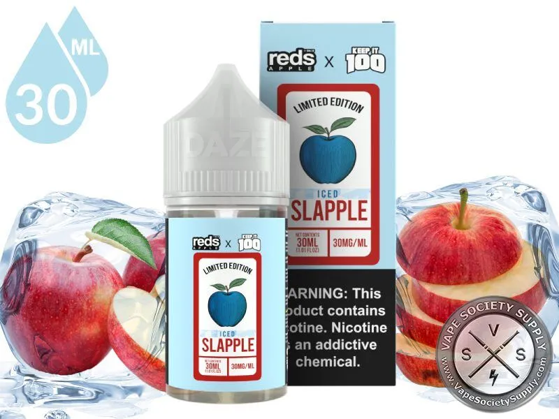 Iced Slapple 7 Daze x Keep It 100 Salt 30ml bottle and box with red apples and ice