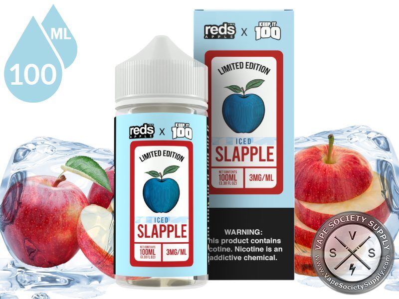 Iced Slapple 7 Daze x Keep It 100 Vape Juice 100ml bottle and box with red apples and ice
