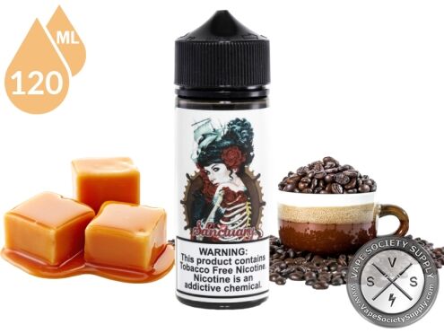 Sanctuary by Adam Bomb 120ml bottle with caramels and a cup of coffee with coffee beans