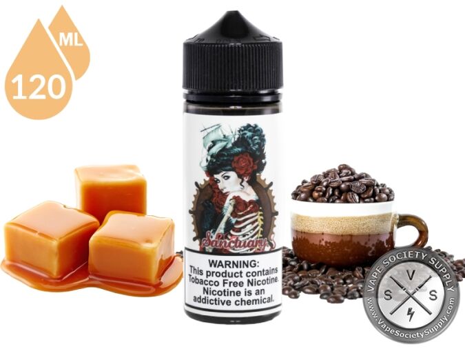 Sanctuary by Adam Bomb 120ml bottle with caramels and a cup of coffee with coffee beans