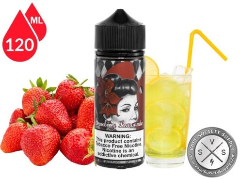 Strawberry Lemonade by Adam Bomb 120ml bottle with strawberries and a glass of lemonade