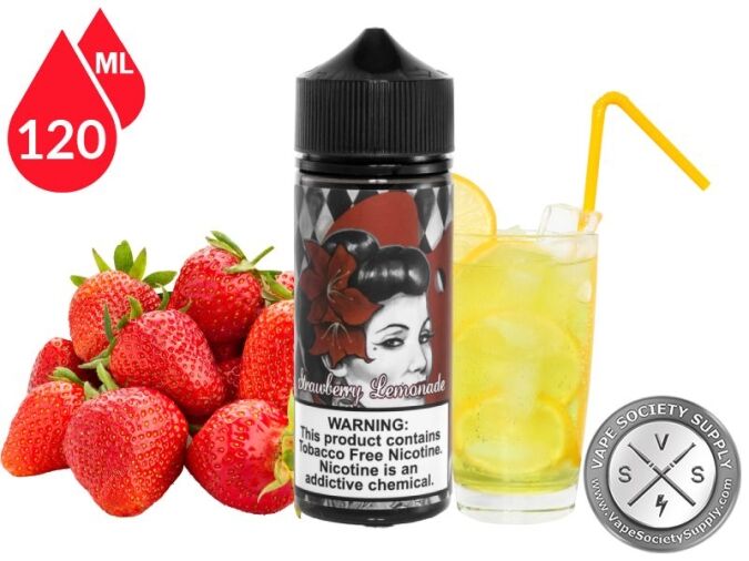 Strawberry Lemonade by Adam Bomb 120ml bottle with strawberries and a glass of lemonade
