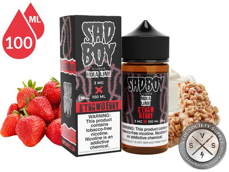 Nola Strawberry by SadBoy 100ml bottle and box with strawberries, a granola bar and a bowl of cream