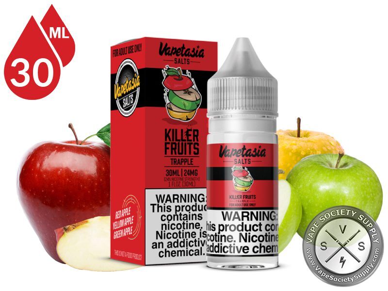 Trapple Killer Fruits Vapetasia Salt 30ml bottle with the box and red, green and yellow apples