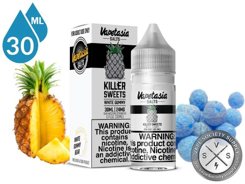 White Gummy Killer Sweets Vapetasia Salt 30ml bottle and box with pineapple and blue candies