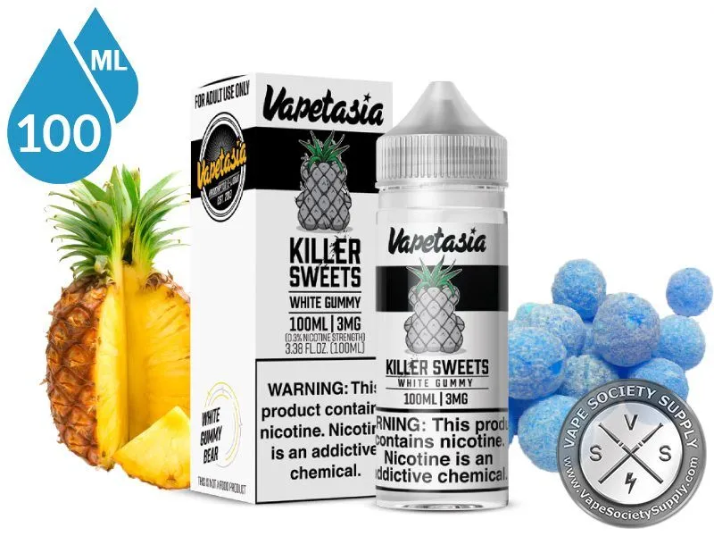 White Gummy Killer Sweets Vapetasia 100ml bottle and box with pineapple and blue candies
