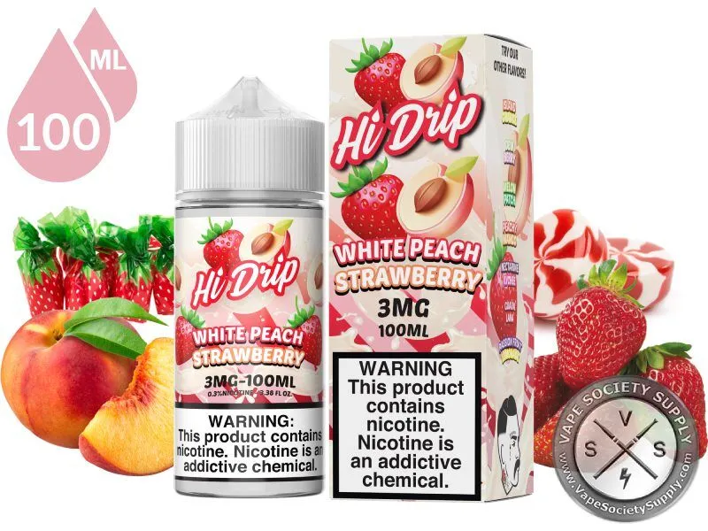 White Peach Strawberry by Hi Drip 100ml bottle and box with white peaches, strawberries and strawberry candies