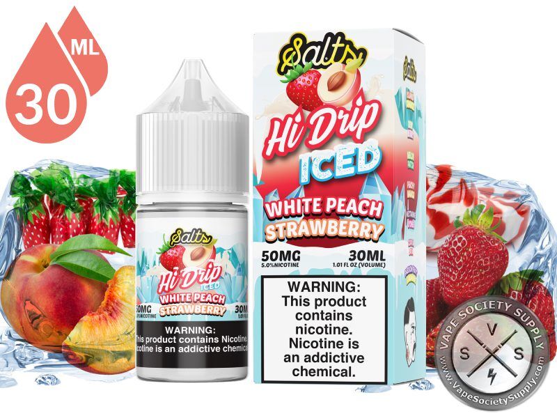 White Peach Strawberry Iced by Hi Drip Salts 30ml bottle and box with white peaches, strawberries, strawberry candies and ice