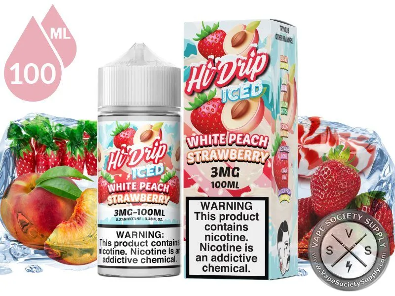 White Peach Strawberry Iced by Hi Drip 100ml bottle and box with white peaches, strawberries, strawberry candies and ice