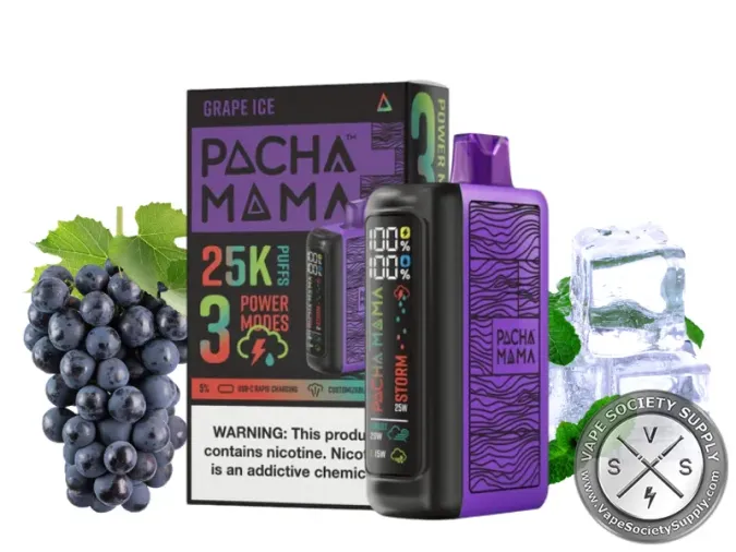 Pachamama 25K disposable in Grape Ice with its box, grapes and ice