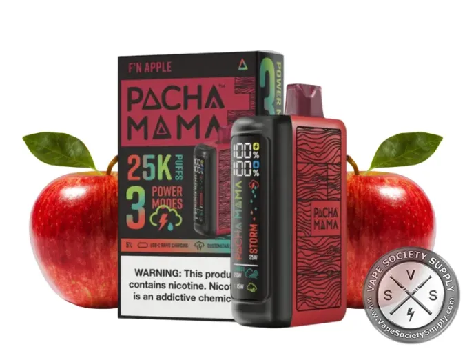 Pachamama 25K disposable in F'N Apple with its box, red apples