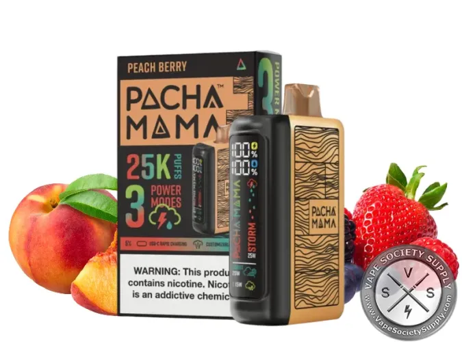 Pachamama 25K disposable in Peach Berry with its box, peaches and strawberries