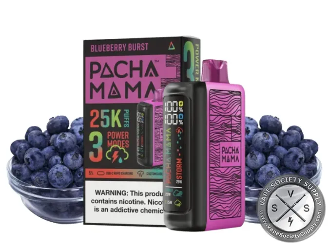 Pachamama 25K disposable in Blueberry Burst with its box, blueberries