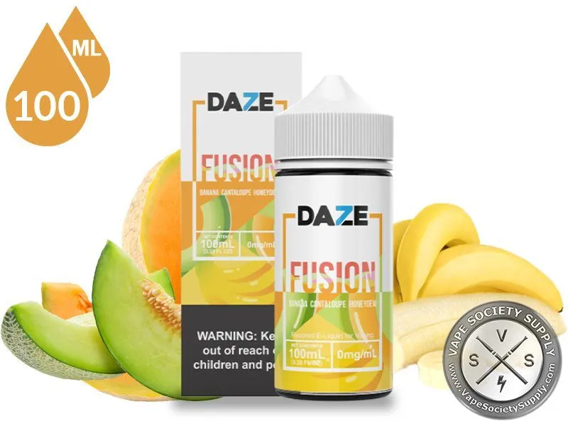 Banana Cantaloupe Honeydew 7 Daze Fusion 100ml bottle and box with cantaloupe, honeydew melon and bananas