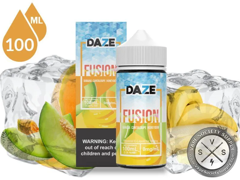 Banana Cantaloupe Honeydew Iced 7 Daze Fusion 100ml bottle and box with cantaloupe, honeydew melon and bananas on ice