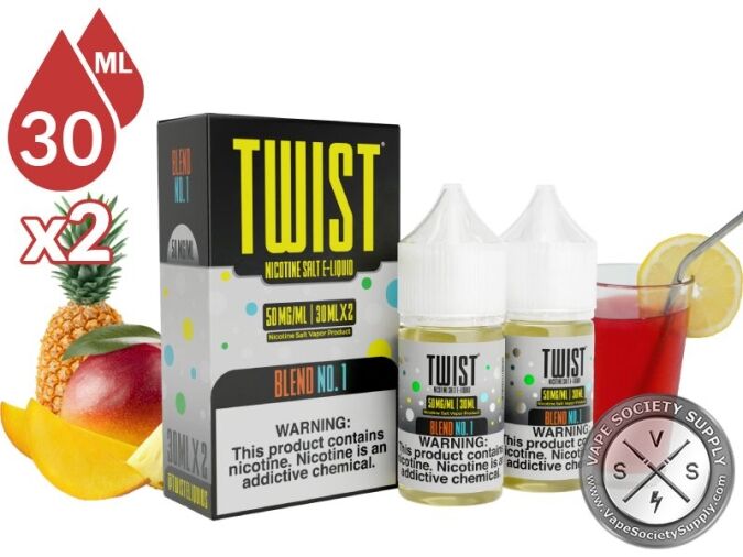 Blend No. 1 by Twist Salt 60ml bottles and box with a pineapple, mangoes and a glass of fruit punch