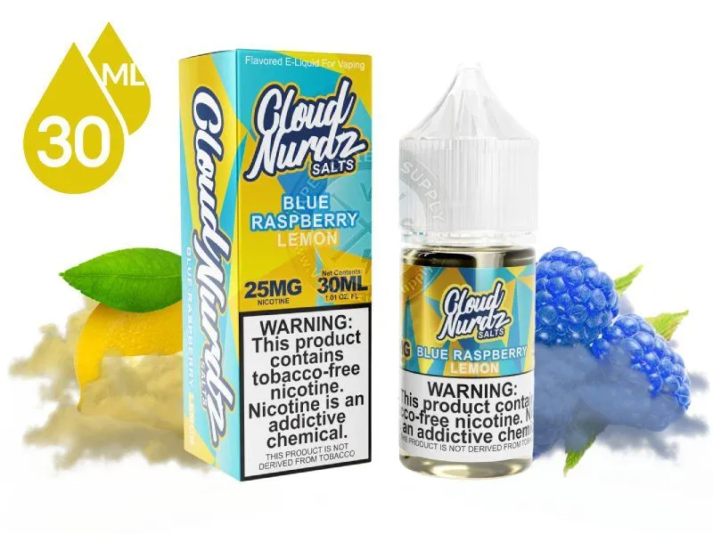 Blue Raspberry Lemon by Cloud Nurdz Salts 30ml bottle and box with a lemon, blue raspberries and a colored cloud