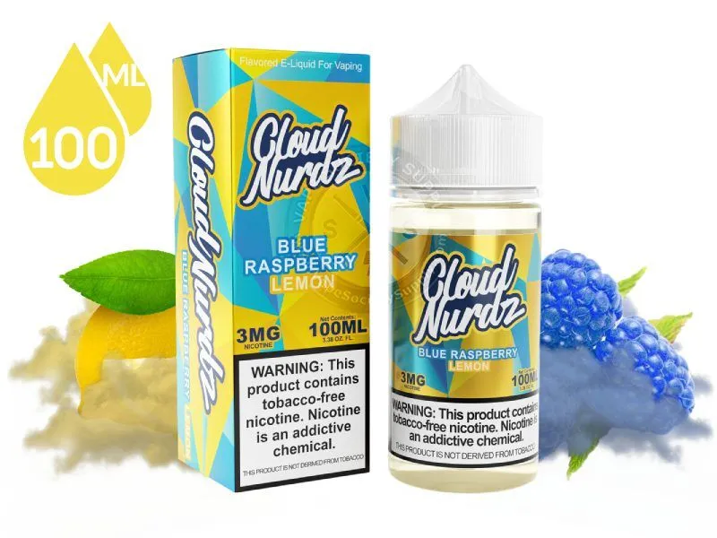 Blue Raspberry Lemon by Cloud Nurdz 100ml bottle and box with a lemon, blue raspberries and a colored cloud