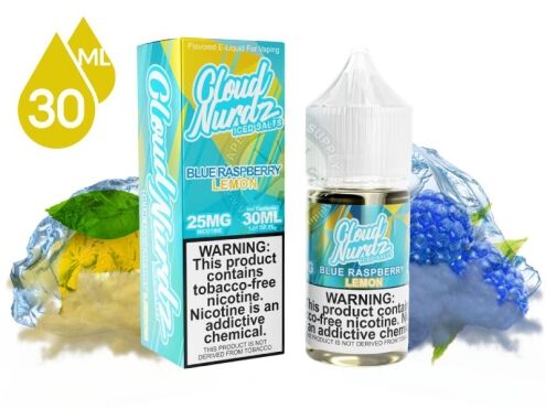 Blue Raspberry Lemon Iced by Cloud Nurdz Salts 30ml bottle and box with a lemon and blue raspberries covered in ice