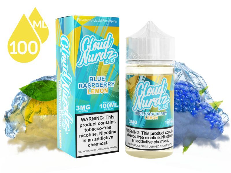 Blue Raspberry Lemon Iced by Cloud Nurdz 100ml bottle and box with a lemon and blue raspberries covered in ice
