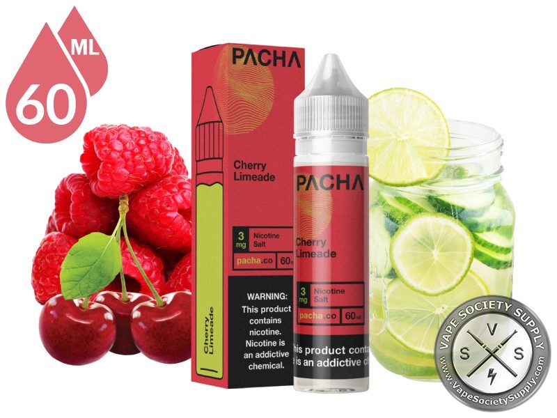 Cherry Limeade PACHA 60ml bottle and box with raspberries, cherries and a glass of limeade