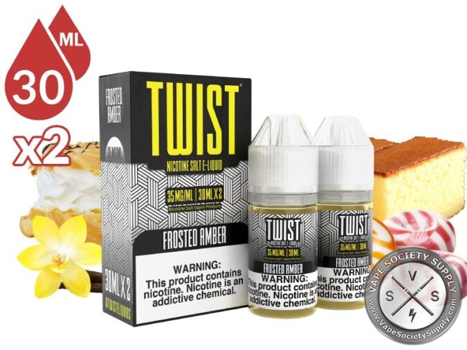 Frosted Amber by Twist Salt 60ml bottles and box with a cream pastry, a vanilla flower, a slice of sponge cake and swirl candies