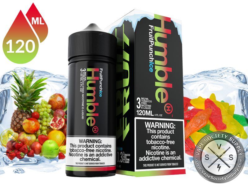 Fruit Blast Ice by Humble Juice 120ml bottle and box with tropical fruit and gummy candies with ice