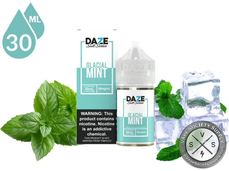 Glacial Mint 7 Daze Salt 30ml bottle and box with mint leaves and ice cubes