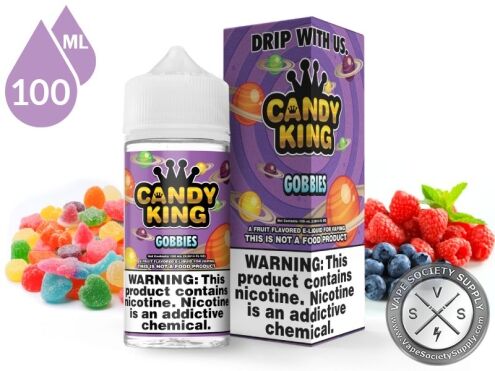 Gobbies Candy King 100ml bottle and box with gummy candies, raspberries and blueberries