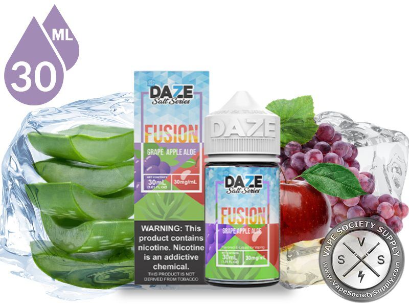 Grape Apple Aloe Iced 7 Daze Fusion Salt 30ml bottle and box with aloe vera leaves, a red apple and red grapes on ice