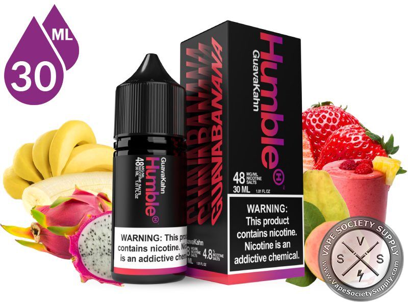 Guava Strawnana by Humble Salts 30ml bottle and box with bananas, dragon fruit, strawberries and a pink smoothie