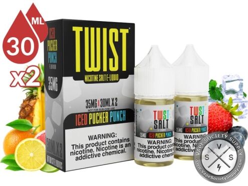 Iced Pucker Punch by Twist Salt 60ml bottles and box with a pineapple, citrus fruit, a strawberry, blueberries, mint leaves and ice cubes