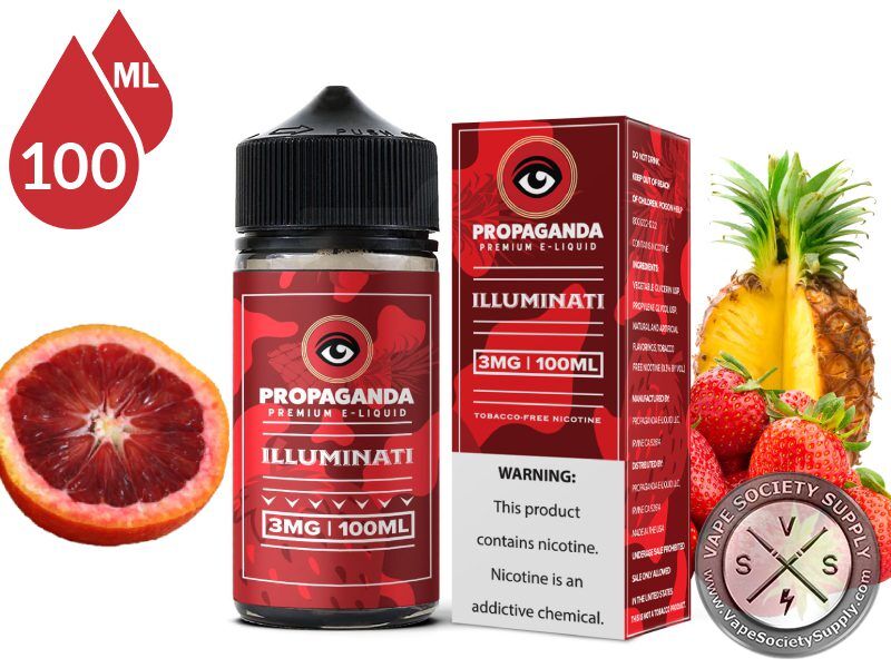 Illuminati by Propaganda 100ml bottle and box with a blood orange, pineapple and strawberries
