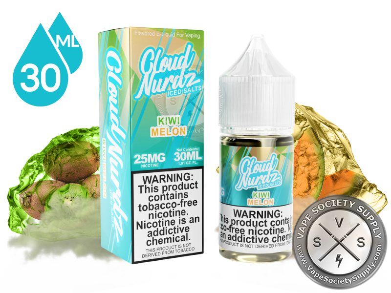 Kiwi Melon Iced by Cloud Nurdz Salts 30ml bottle and box with kiwis and cantaloupe covered in ice
