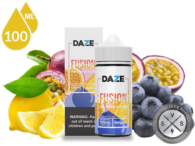 Lemon Passionfruit Blueberry 7 Daze Fusion 100ml bottle and box with lemons, passion fruit and blueberries