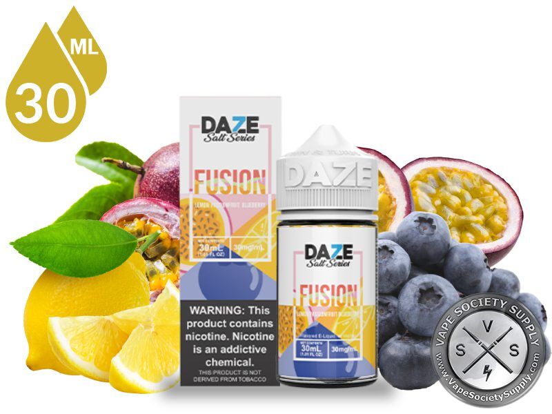 Lemon Passionfruit Blueberry 7 Daze Fusion Salt 30ml bottle and box with lemons, passion fruit and blueberries
