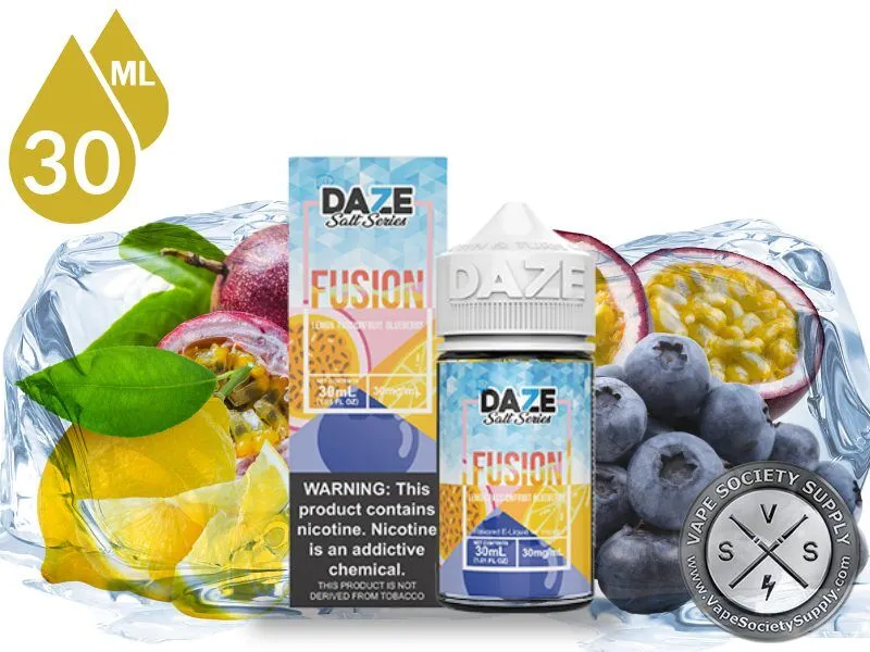 Lemon Passionfruit Blueberry Iced 7 Daze Fusion Salt 30ml bottle and box with lemons, passion fruit and blueberries on ice