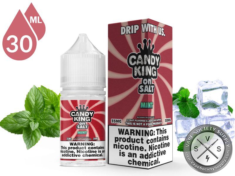 Mint Candy King On Salt 30ml bottle and box with mint leaves and ice cubes