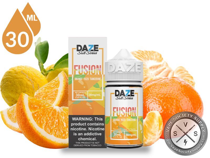 Orange Yuzu Tangerine 7 Daze Fusion Salt 30ml bottle and box with a yuzu, oranges and tangerines