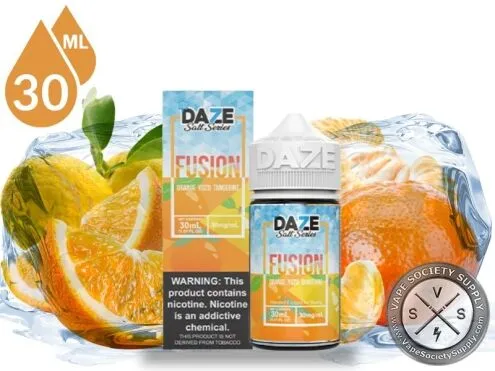 Orange Yuzu Tangerine Iced 7 Daze Fusion Salt 30ml bottle and box with a yuzu, oranges and tangerines on ice
