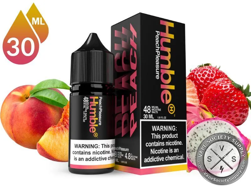 Peach Berries by Humble Salts 30ml bottle and box with peaches, strawberries and dragon fruit
