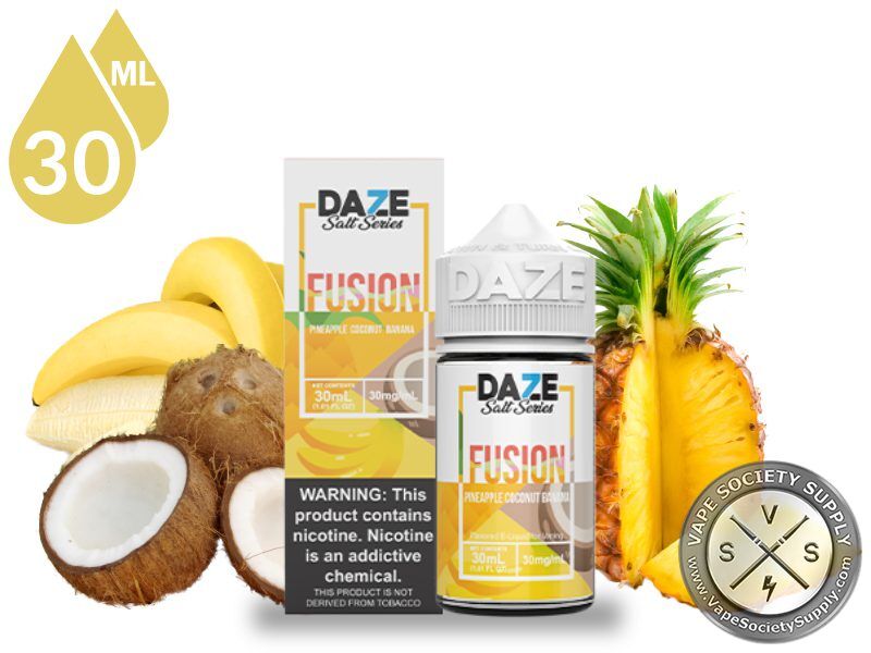 Pineapple Coconut Banana 7 Daze Fusion Salt 30ml bottle and box with bananas, a coconut and a pineapple