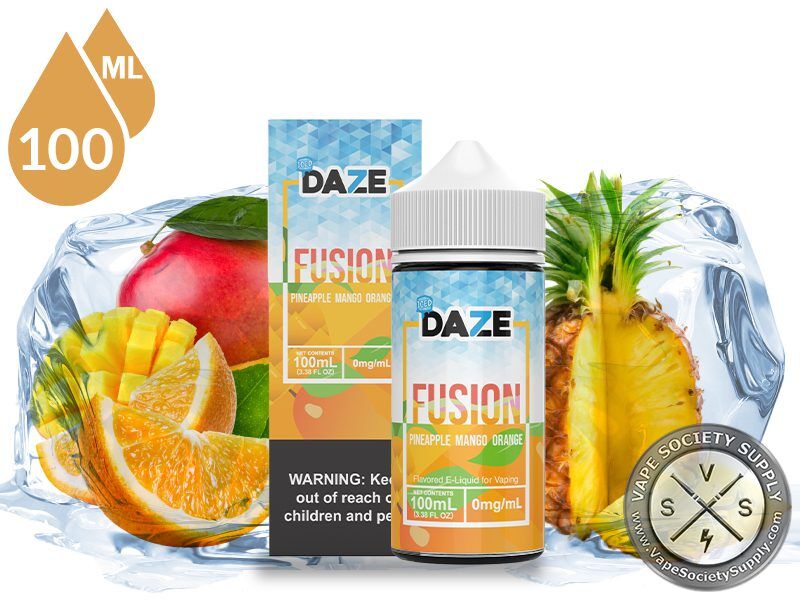 Pineapple Mango Orange Iced 7 Daze Fusion 100ml bottle and box with a mango, oranges and a pineapple on ice