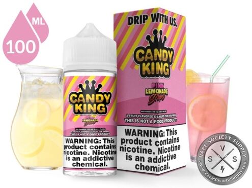 Pink Lemonade Strips Candy King 100ml bottle and box with a pitcher of lemonade and a glass of pink lemonade