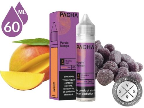 Purple Mango PACHA 60ml bottle and box with mango and grape candies